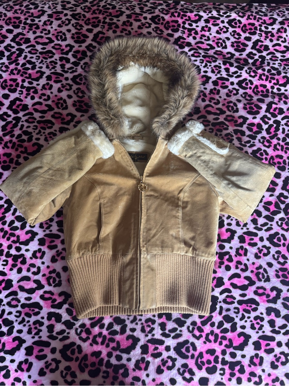 Vintage Y2K Baby Phat Tan Hooded Bomber Jacket with Faux Fur Trim